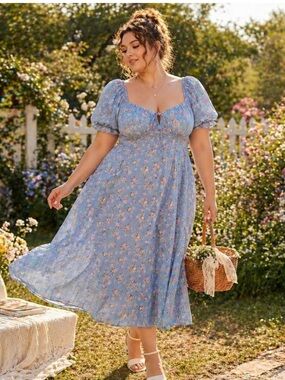 SHEIN Curve Blue Floral Milkmaid Maxi Dress 4XL Plus Size Smocked Puff Sleeve
